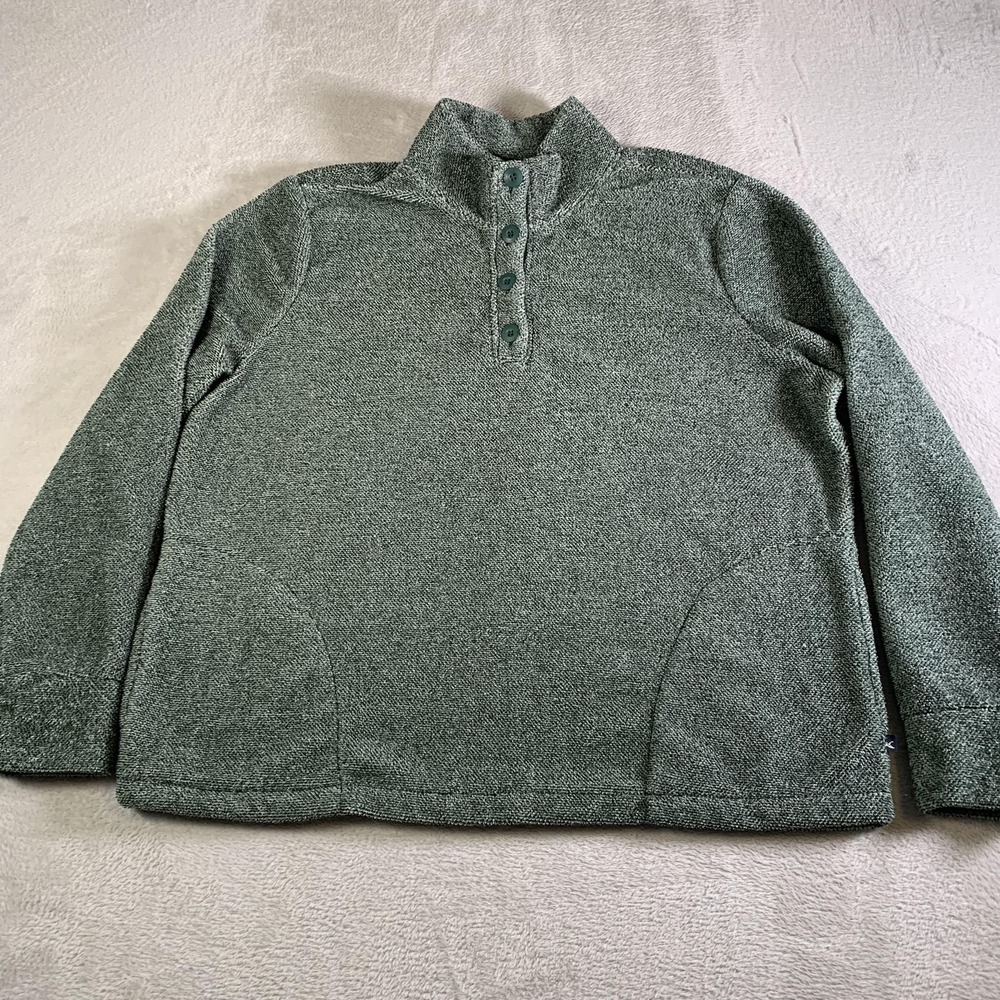 Eddie Bauer Sweater Womens XL Green Mock Neck Fleece Henley Pullover Pockets